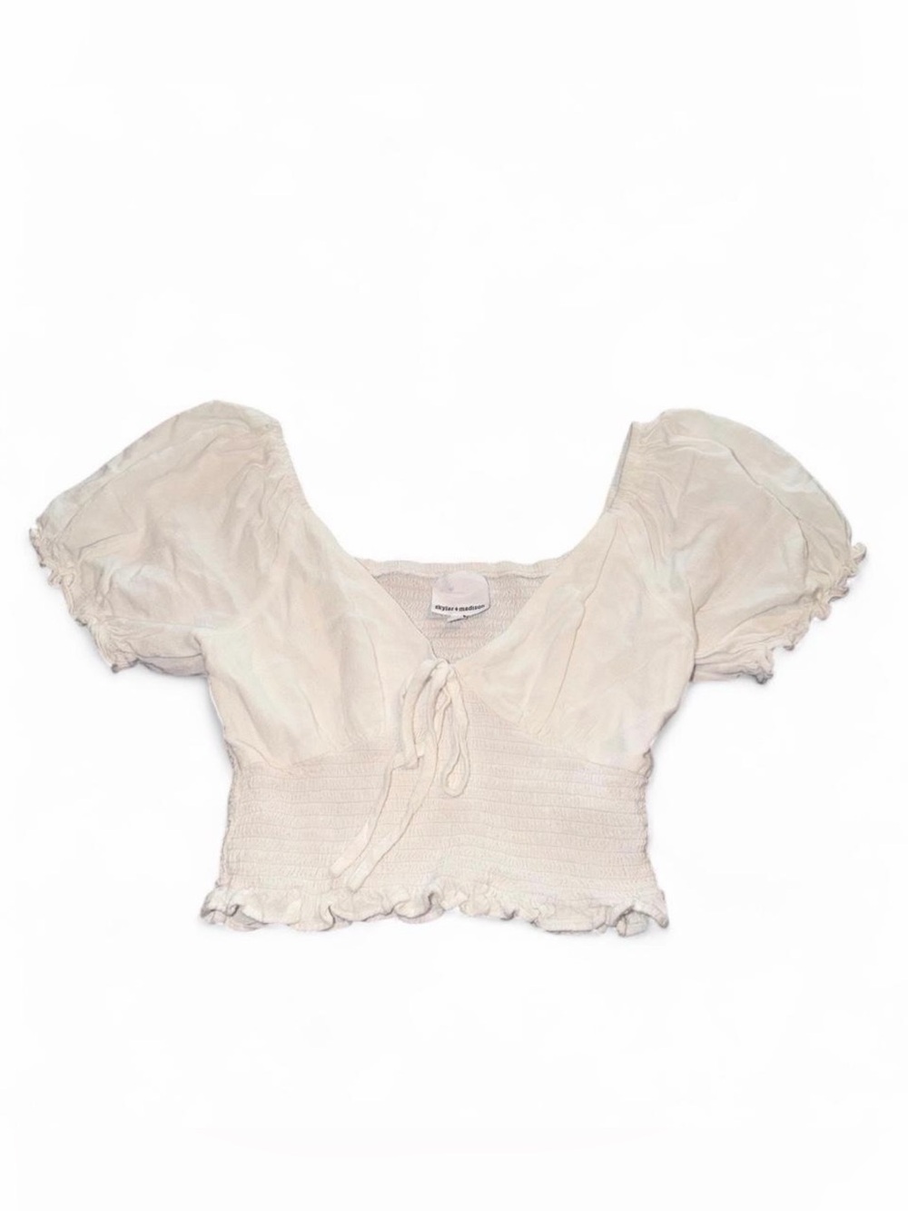 Skylar + Madison white Smocked Tie-Front Puff Sleeve Crop Top